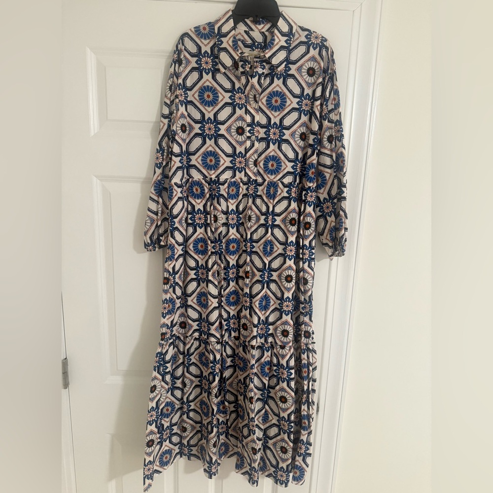 Anthropologie Blue and Brown Long Sleeve Dress